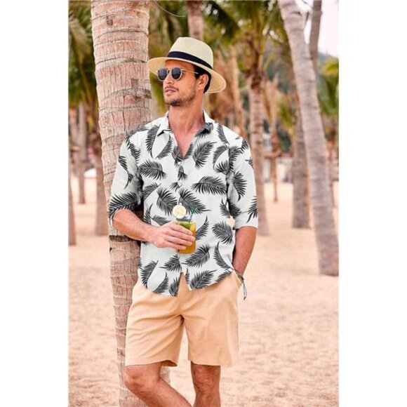 Men's Casual Button Down Shirt Long Sleeve Linen Chambray Shirt, White Printed - Picture 3 of 6